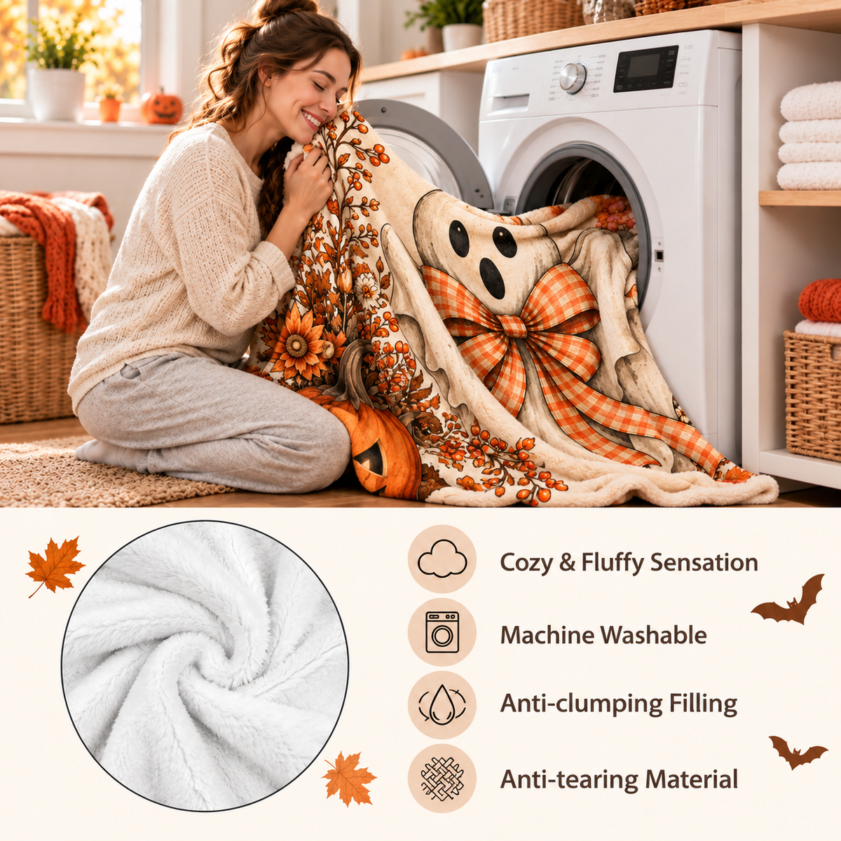 Twefex Halloween Ghost Blanket, Soft Flannel Throw with Orange Gingham Bow and Pumpkin Print, Fall Decor and Halloween Gift