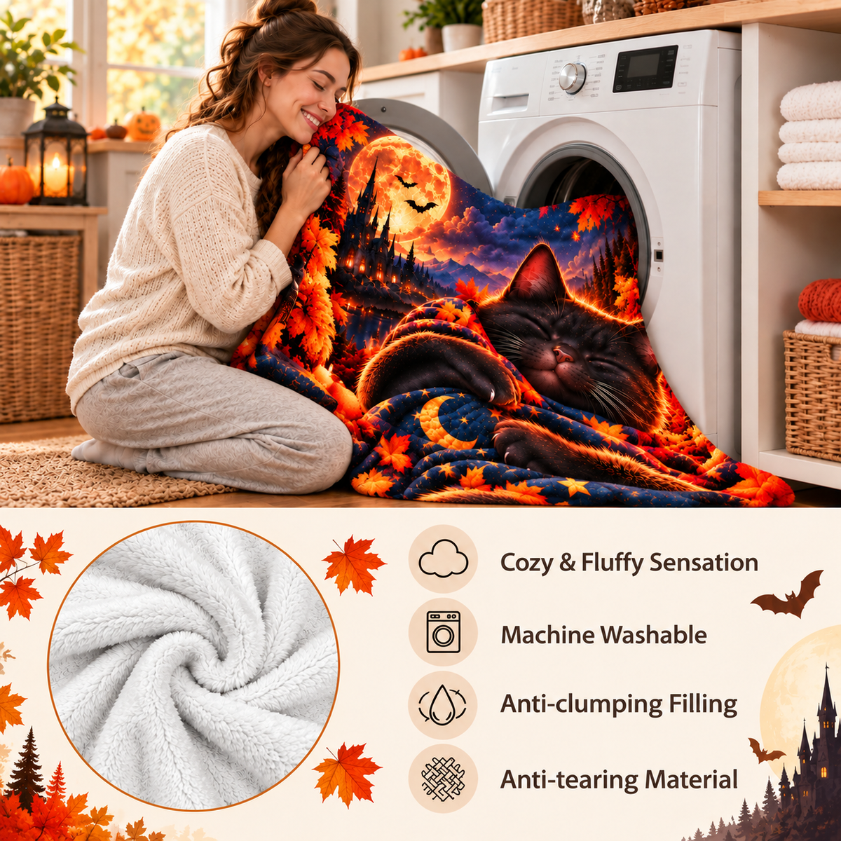 Twefex Halloween Black Cat Blanket, 3D Effect Sleeping Cat Print, Soft Flannel Throw with Moon, Castle and Pumpkins, Cat Lover Gift