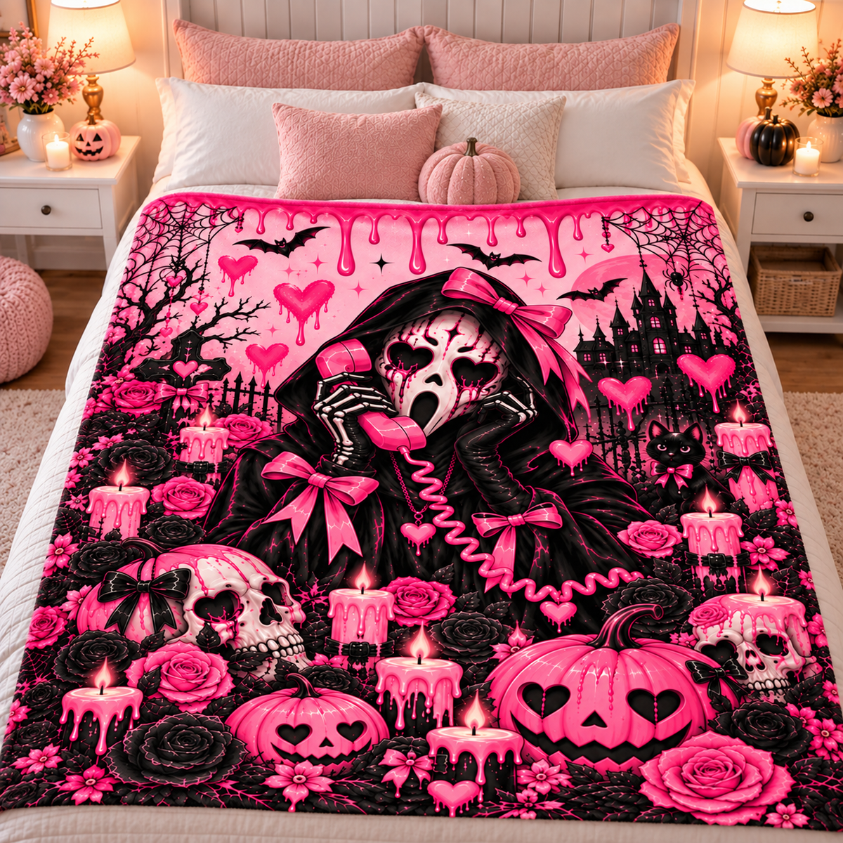 Twefex Pink Gothic Halloween Blanket, Soft Flannel Throw with Skulls, Pumpkins and Bows for Couch and Bed