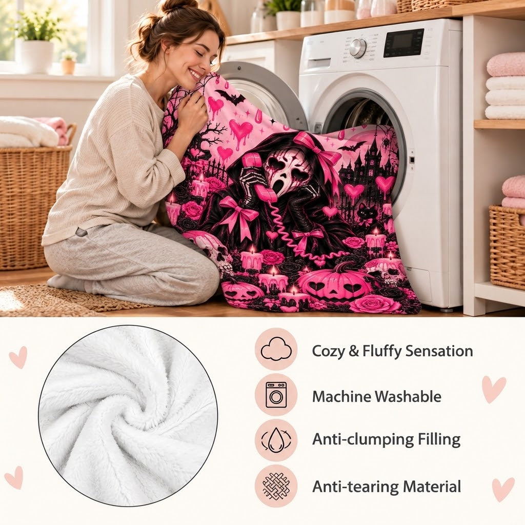 Twefex Pink Gothic Halloween Blanket, Soft Flannel Throw with Skulls, Pumpkins and Bows for Couch and Bed