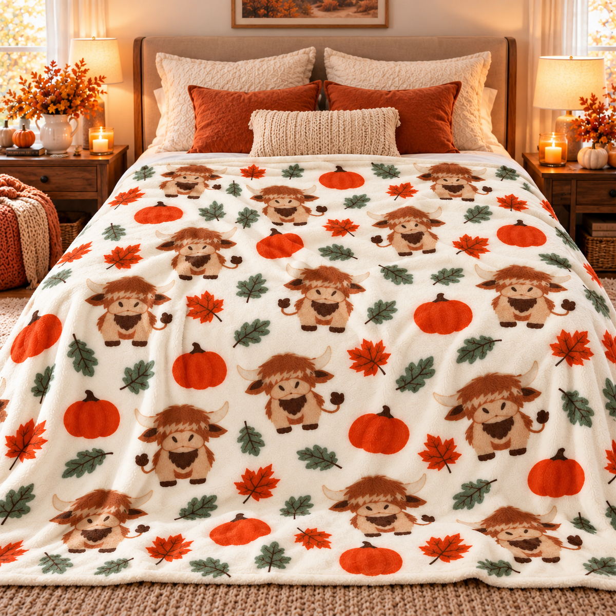 Twefex Highland Cow Fall Blanket, Soft Flannel Throw with Cute Cows, Pumpkins and Autumn Leaves, Farmhouse Decor and Cow Lover Gift