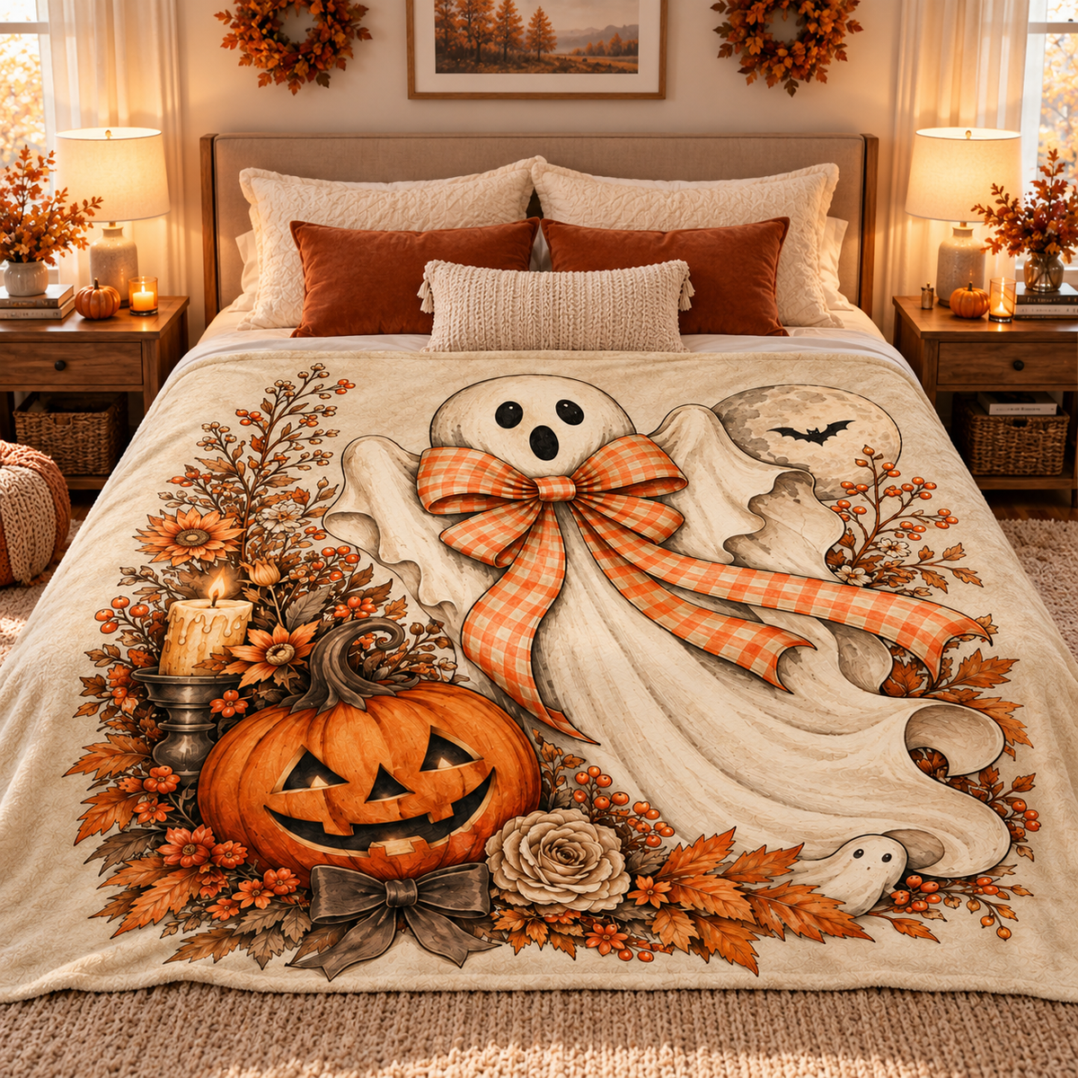 Twefex Halloween Ghost Blanket, Soft Flannel Throw with Orange Gingham Bow and Pumpkin Print, Fall Decor and Halloween Gift