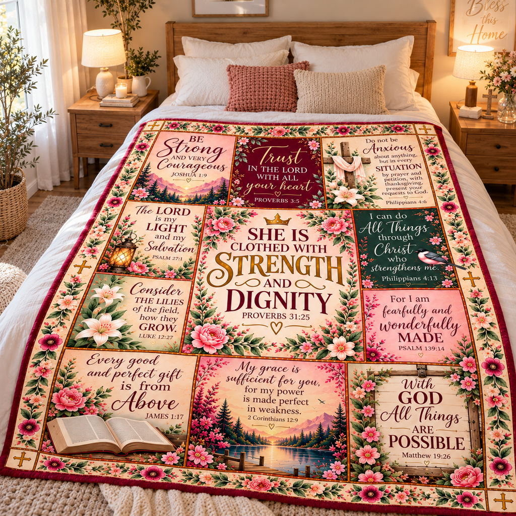 Twefex Christian Bible Verse Blanket, Soft Floral Flannel Throw with Proverbs 31:25, Inspirational Faith Gift for Women