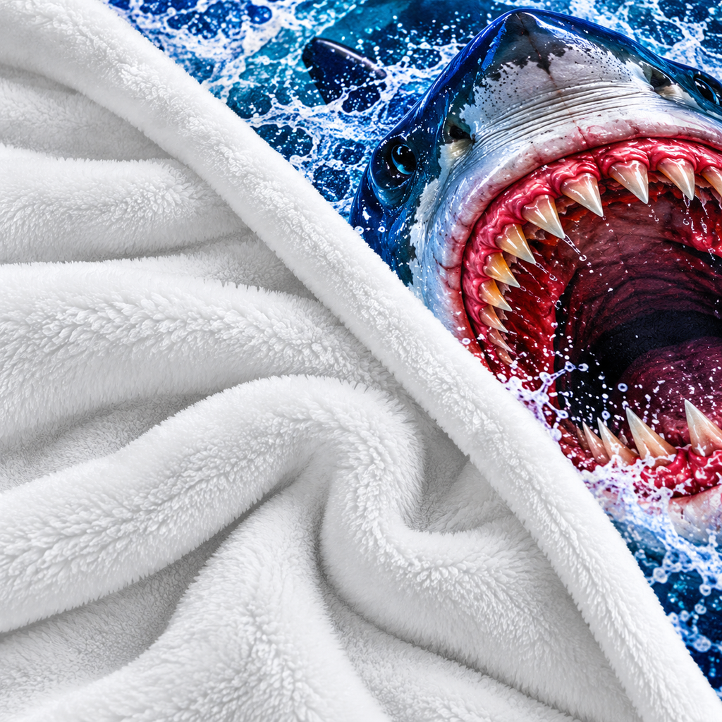 Twefex 3D-Effect Shark Blanket, Soft Flannel Throw with Realistic Shark and Blue Ocean Wave Print for Couch and Bed
