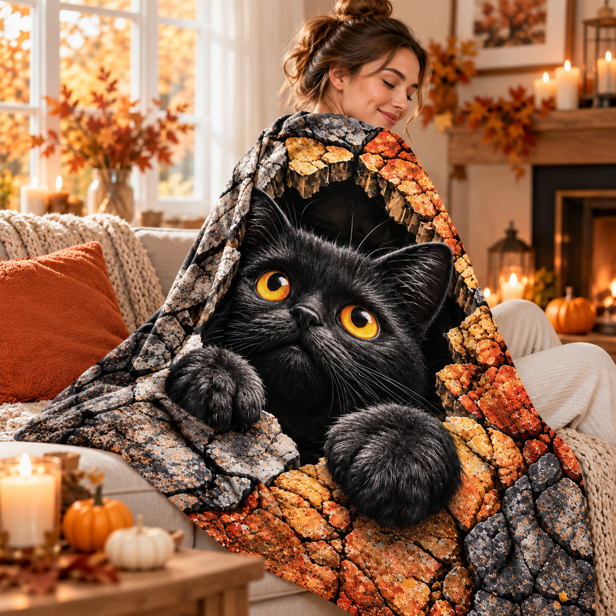 Twefex 3D-Effect Black Cat Blanket, Soft Flannel Throw with Cute Kitten and Cracked Stone Print for Couch and Bed, Cat Lover Gift