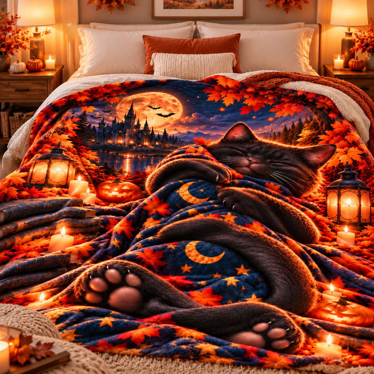 Twefex Halloween Black Cat Blanket, 3D Effect Sleeping Cat Print, Soft Flannel Throw with Moon, Castle and Pumpkins, Cat Lover Gift
