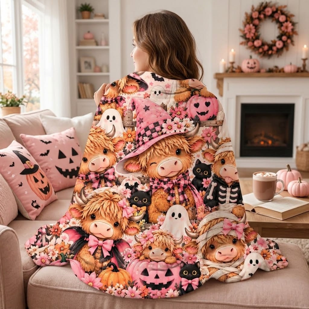 Twefex Pink Halloween Highland Cow Blanket, Soft Flannel Throw for Couch and Bed, Fall Decor Gift for Cow Lovers