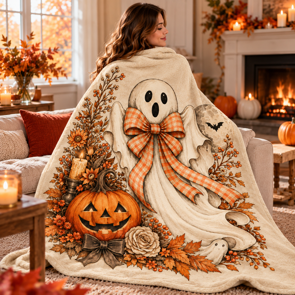 Twefex Halloween Ghost Blanket, Soft Flannel Throw with Orange Gingham Bow and Pumpkin Print, Fall Decor and Halloween Gift