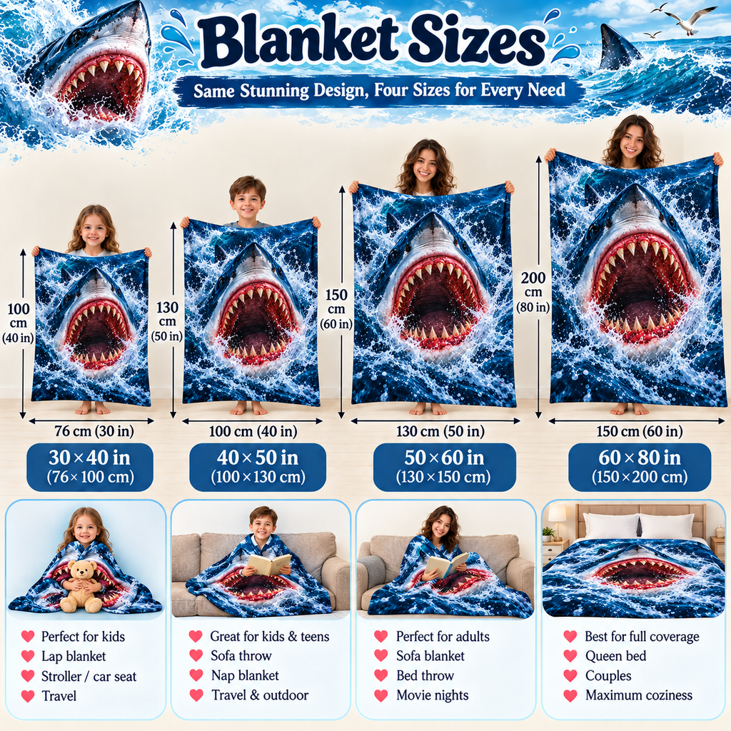 Twefex 3D-Effect Shark Blanket, Soft Flannel Throw with Realistic Shark and Blue Ocean Wave Print for Couch and Bed