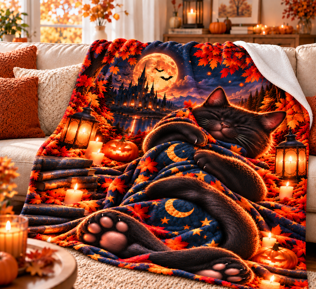 Twefex Halloween Black Cat Blanket, 3D Effect Sleeping Cat Print, Soft Flannel Throw with Moon, Castle and Pumpkins, Cat Lover Gift