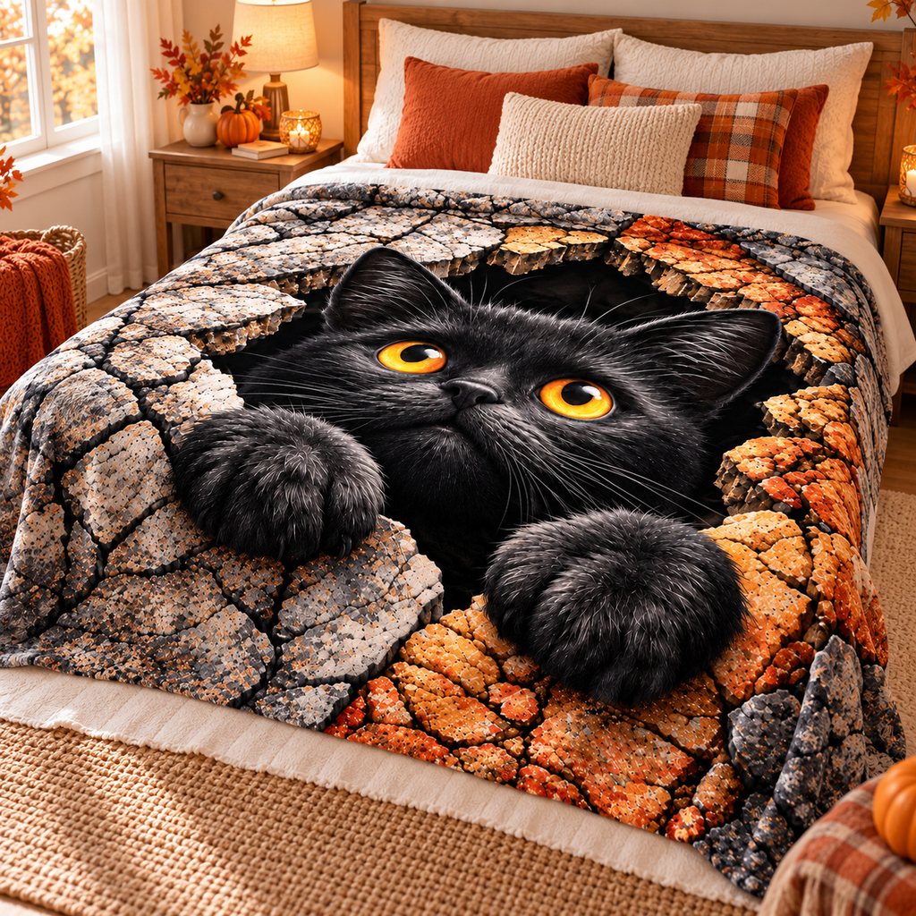 Twefex 3D-Effect Black Cat Blanket, Soft Flannel Throw with Cute Kitten and Cracked Stone Print for Couch and Bed, Cat Lover Gift