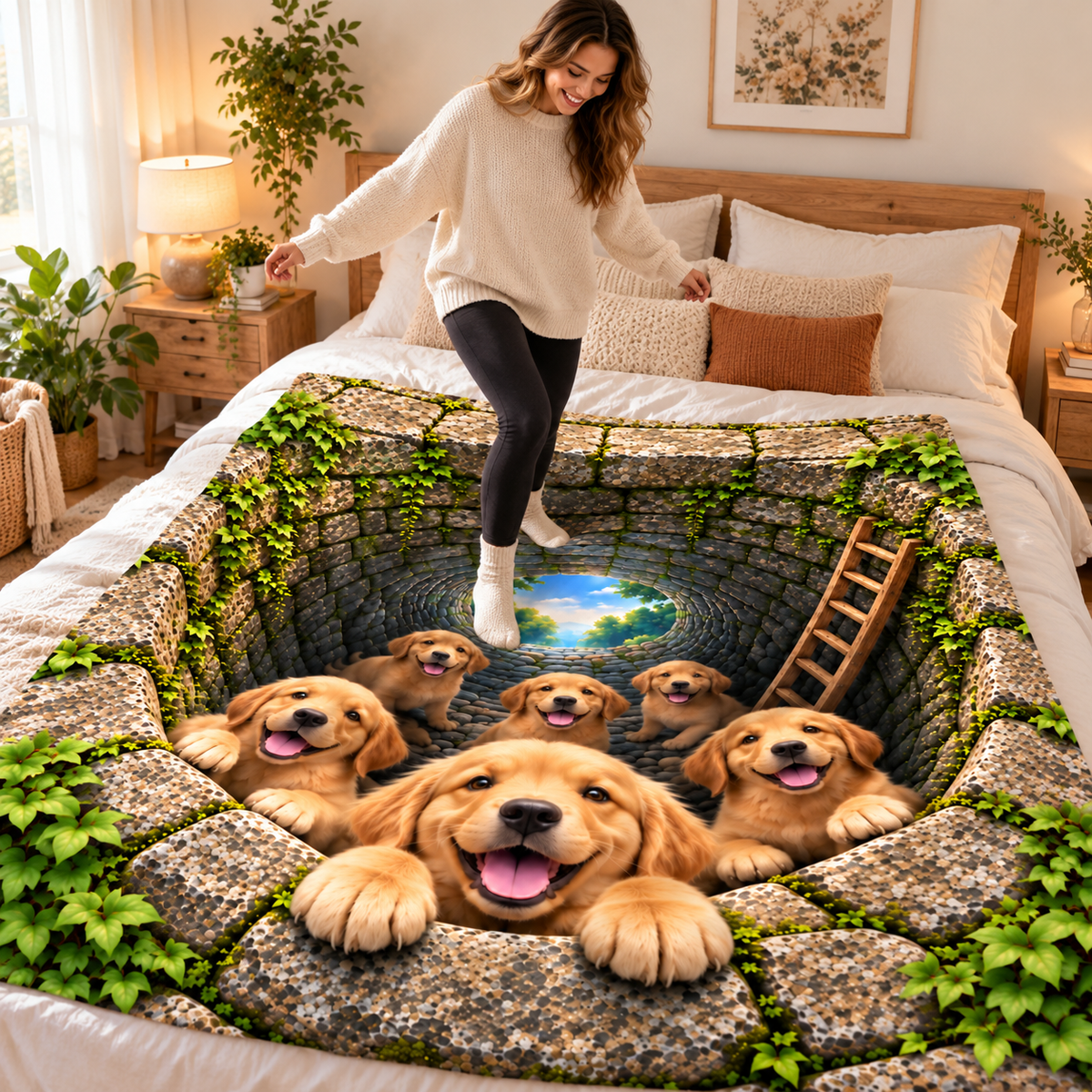 Twefex 3D-Effect Golden Retriever Blanket, Soft Flannel Throw with Cute Puppies and Optical Illusion Print, Dog Lover Gift