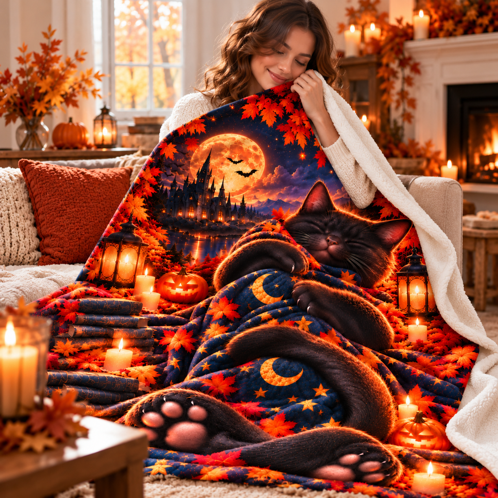 Twefex Halloween Black Cat Blanket, 3D Effect Sleeping Cat Print, Soft Flannel Throw with Moon, Castle and Pumpkins, Cat Lover Gift
