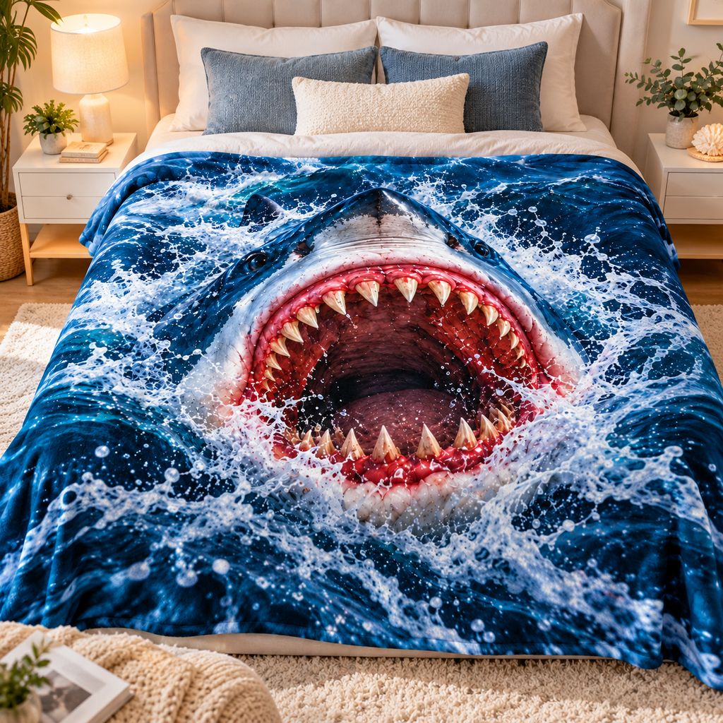 Twefex 3D-Effect Shark Blanket, Soft Flannel Throw with Realistic Shark and Blue Ocean Wave Print for Couch and Bed