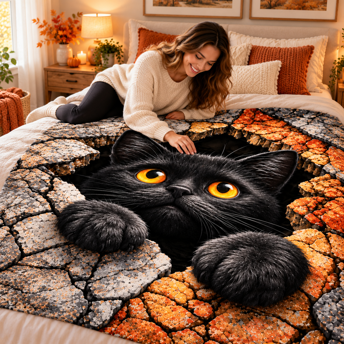 Twefex 3D-Effect Black Cat Blanket, Soft Flannel Throw with Cute Kitten and Cracked Stone Print for Couch and Bed, Cat Lover Gift