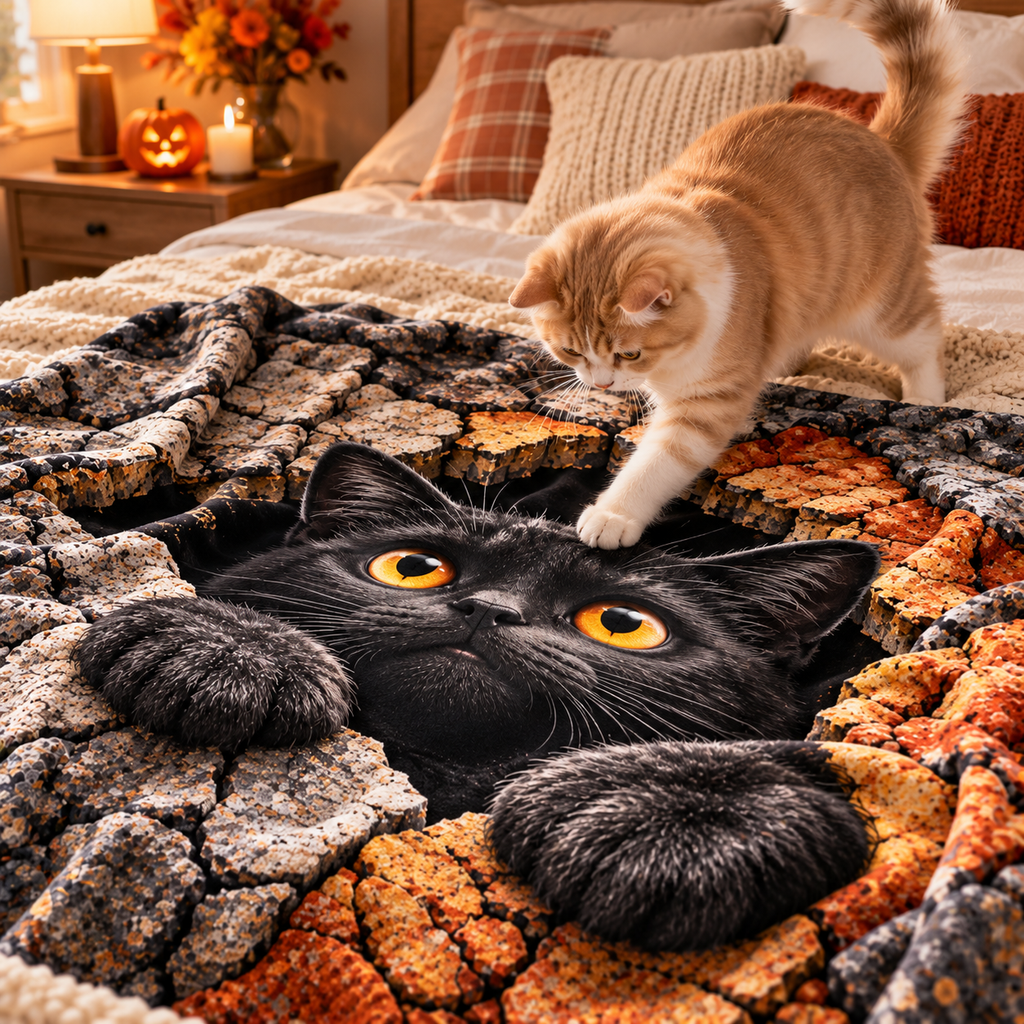 Twefex 3D-Effect Black Cat Blanket, Soft Flannel Throw with Cute Kitten and Cracked Stone Print for Couch and Bed, Cat Lover Gift